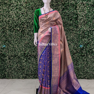 Blue-Grey Brocade Tussar Banarasi Handloom Silk Saree