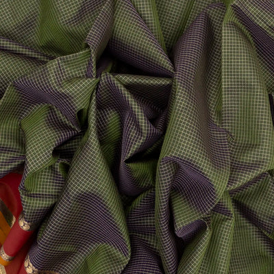 Dark Green Handloom Silk Cotton Saree With Checks