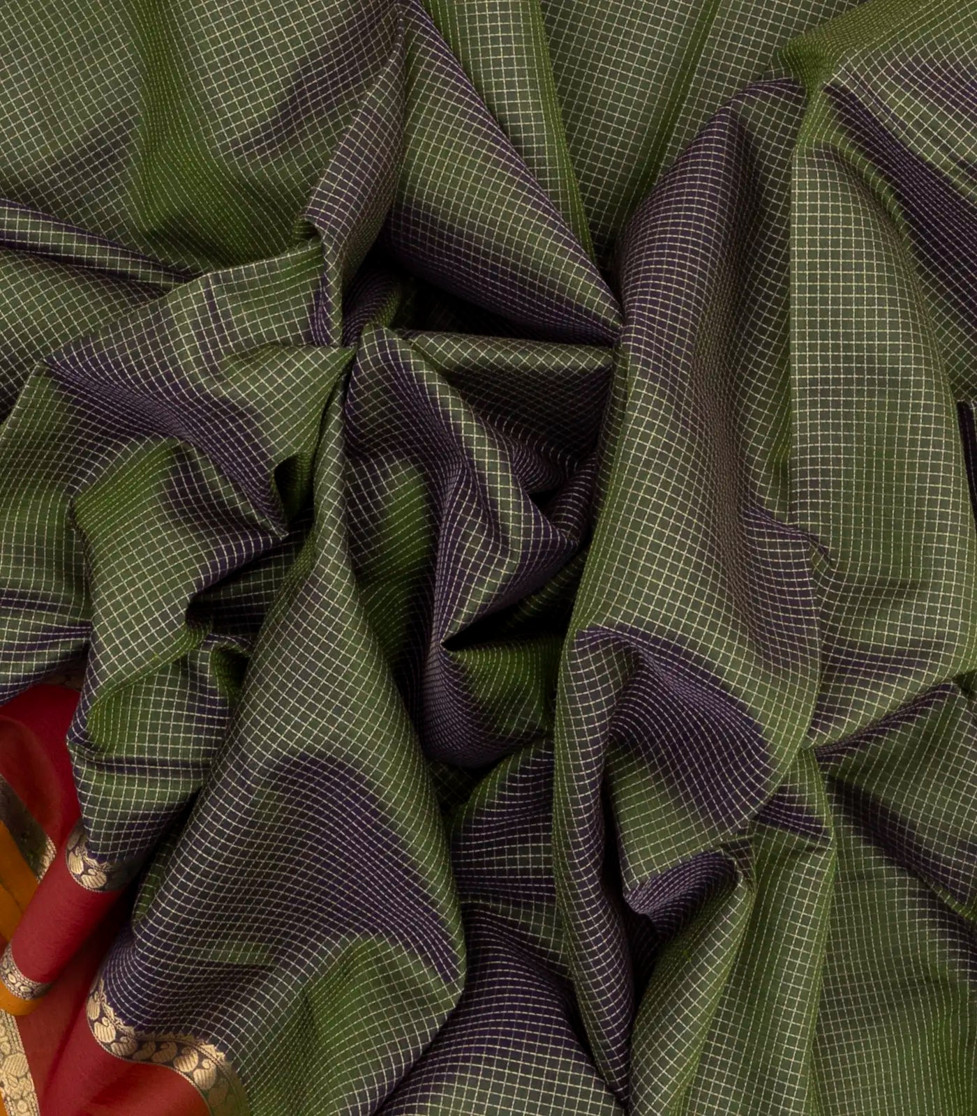 Dark Green Handloom Silk Cotton Saree With Checks