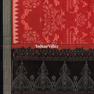 Rust Maroon Tree Bird Motifs Sambalpuri Ikat Cotton Saree