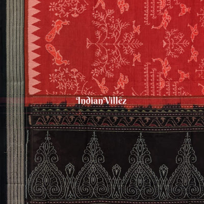 Rust Maroon Tree Bird Motifs Sambalpuri Ikat Cotton Saree