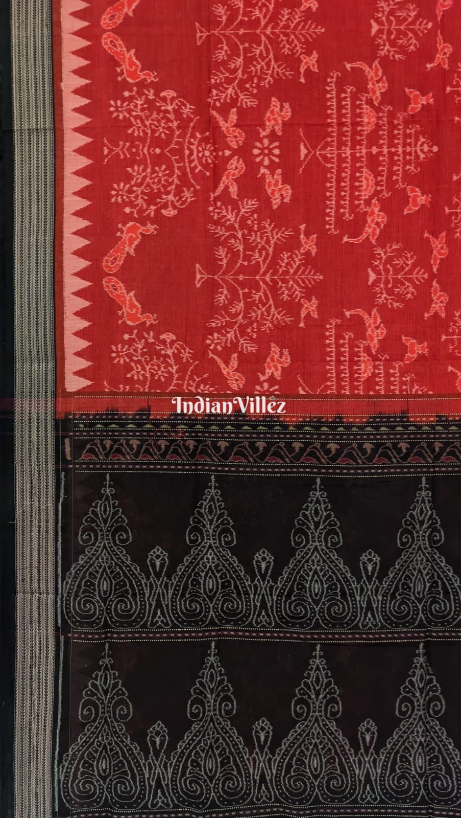 Rust Maroon Tree Bird Motifs Sambalpuri Ikat Cotton Saree
