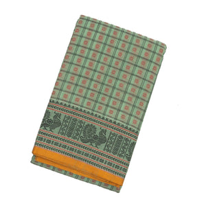 Shadow Green Handloom Kanchi Cotton Saree With Checks & Star Motifs
