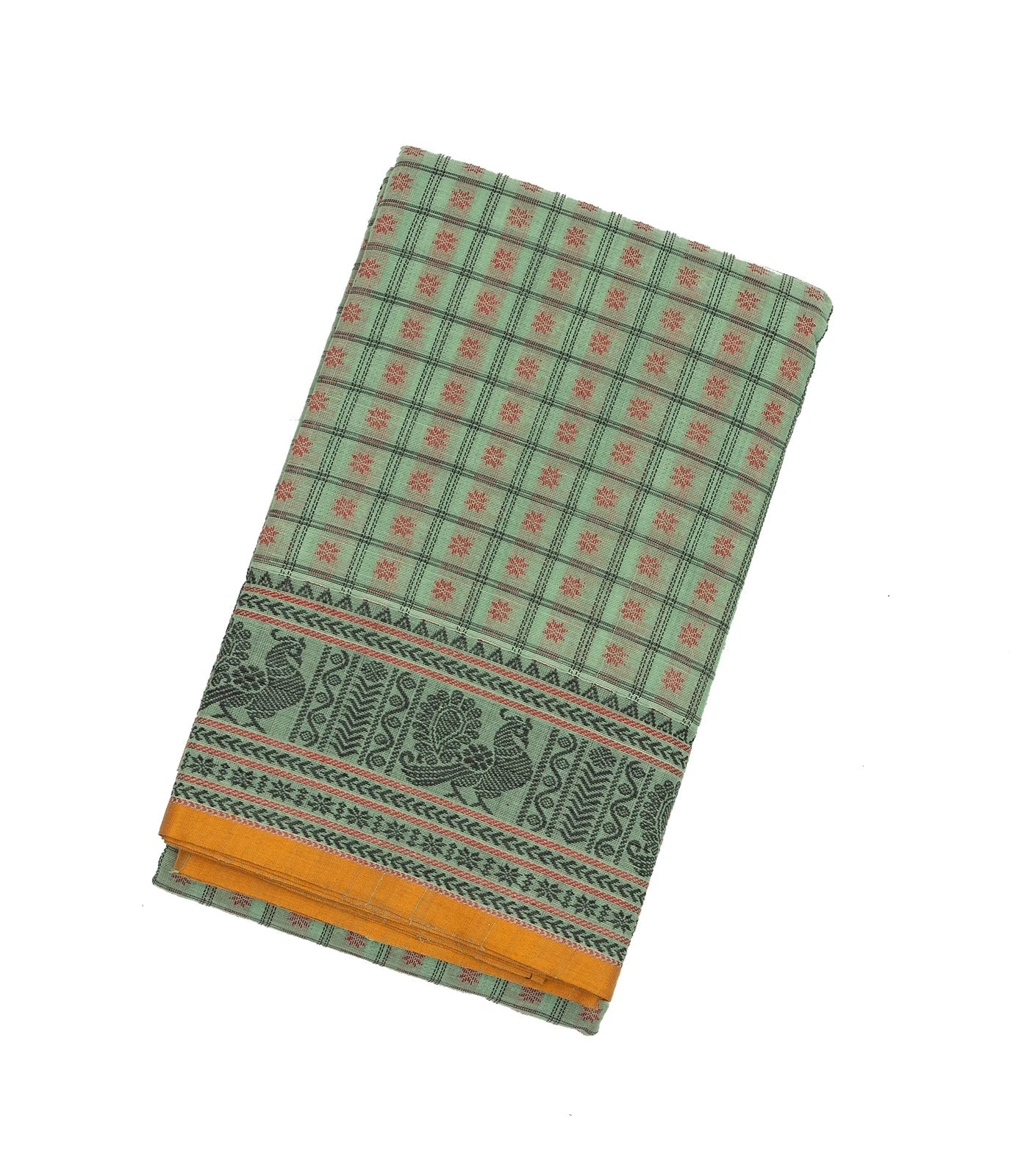 Shadow Green Handloom Kanchi Cotton Saree With Checks & Star Motifs