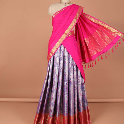 Lavender floral vine design art-silk half saree, contrast traditional zari border,zari design blouse & intricate dhavani