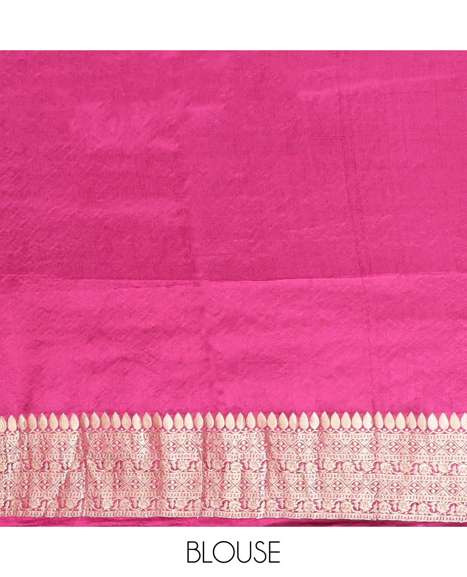 Multi-colored ogee design semi-banaras dola silk saree with contrast intricate zari border & ogee zari design pallu