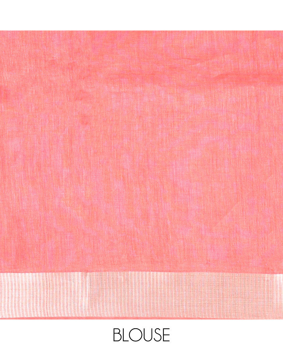 Red heart motifs linen saree with self zari border & striped zari pallu