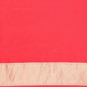 Red floral motifs mushru silk saree with self animal motifs border & striped zari pallu