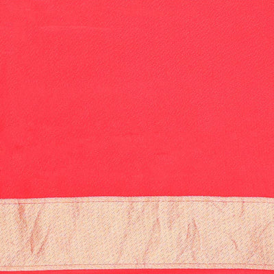 Red floral motifs mushru silk saree with self animal motifs border & striped zari pallu