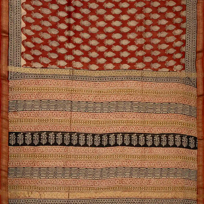 Rust Handloom Chanderi Cotton Saree With Printed Motifs