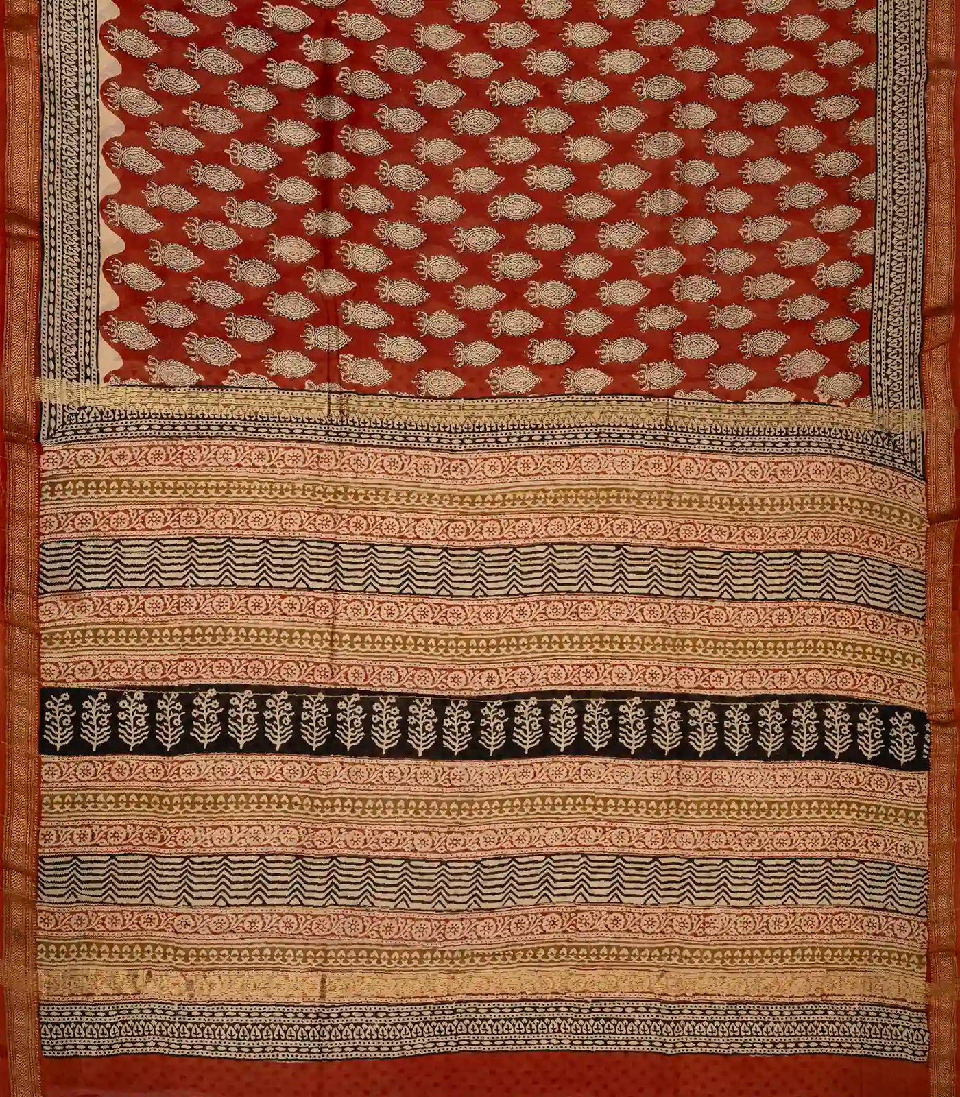 Rust Handloom Chanderi Cotton Saree With Printed Motifs