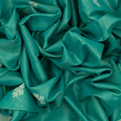 Aquamarine Handloom Bengal Cotton Saree With Floral Buttas & Stripes