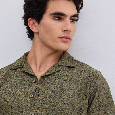 Olive Self-Design Crochet Shirt