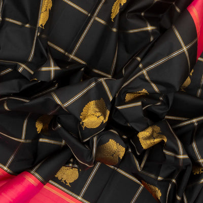 Black Handloom Kanchipuram Korvai Silk Saree With Zari Checks