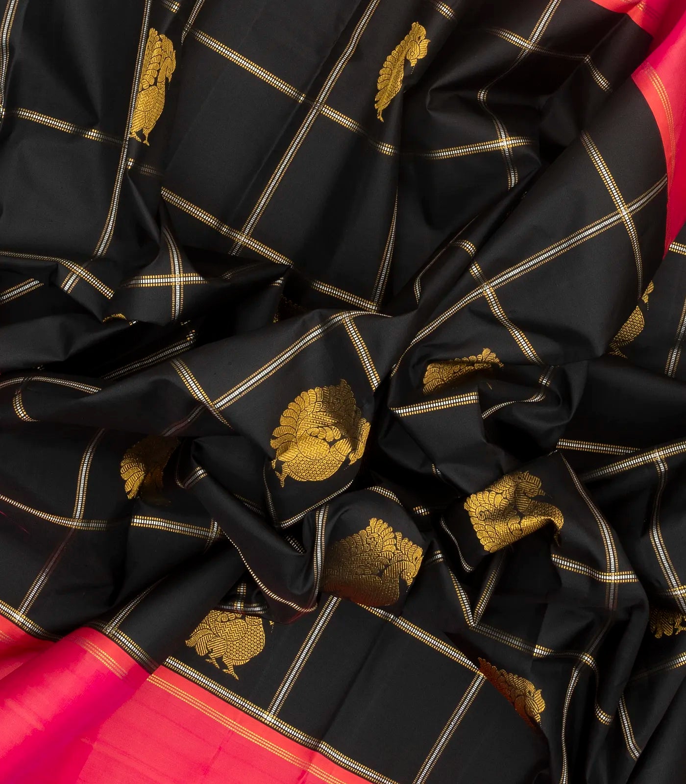 Black Handloom Kanchipuram Korvai Silk Saree With Zari Checks