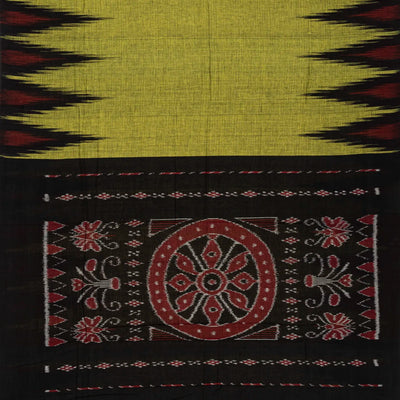 Olive Green Orissa Plain Cotton Saree With Tie & Dye And Temple Border