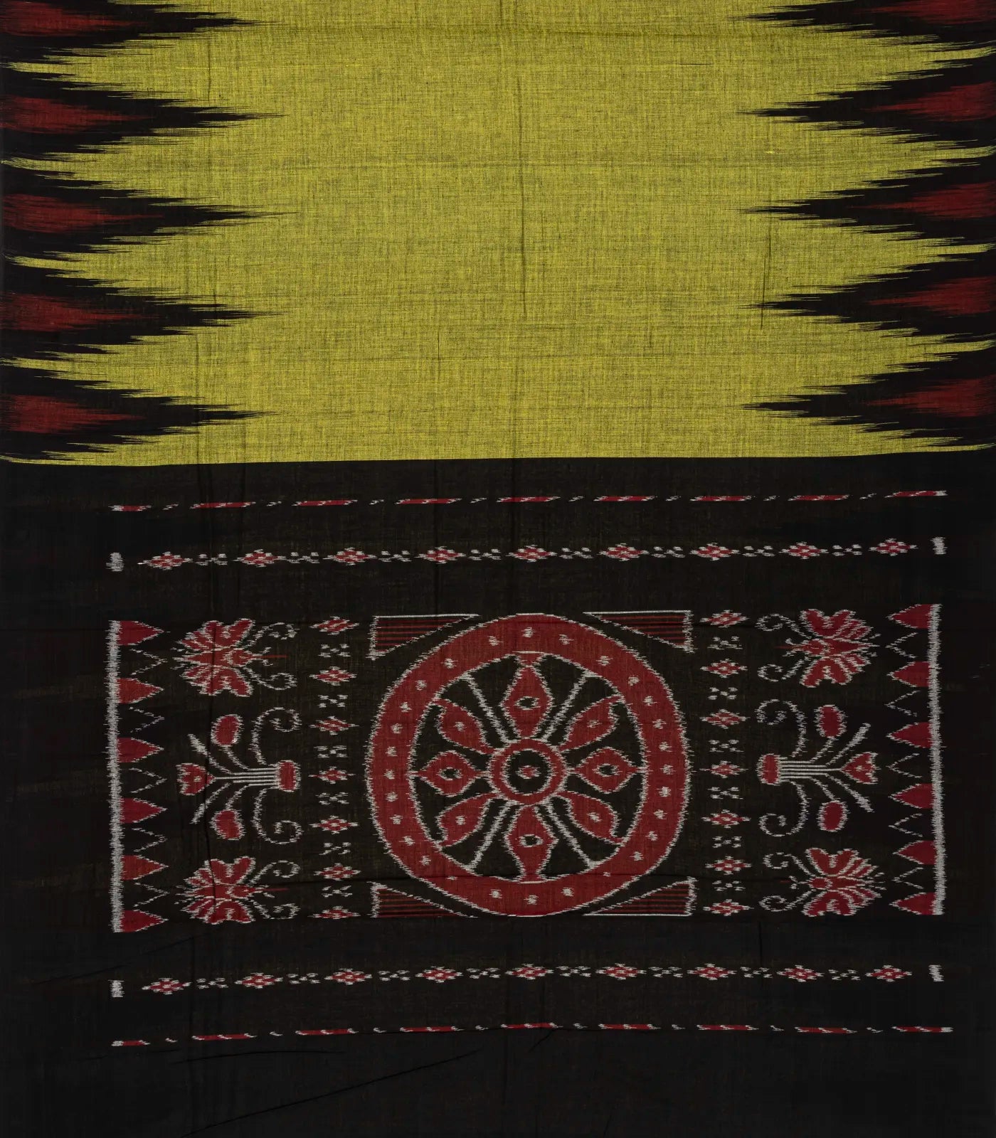 Olive Green Orissa Plain Cotton Saree With Tie & Dye And Temple Border