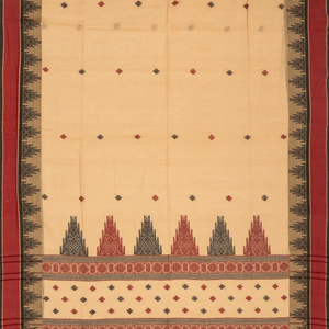 Beige Handloom Bengal Cotton Saree With Temple Border