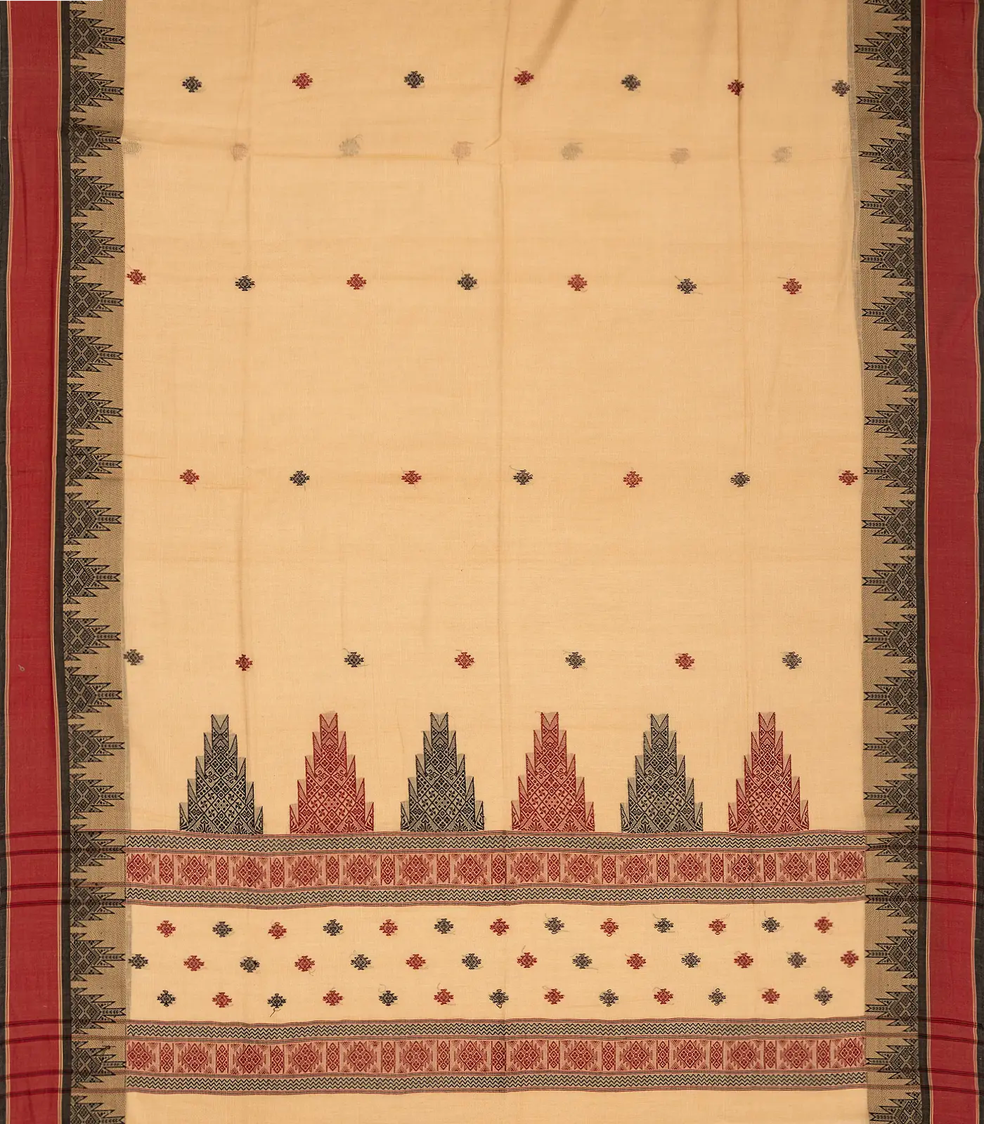 Beige Handloom Bengal Cotton Saree With Temple Border