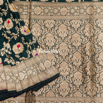Forest Green Floral Motif Designer Meenakari Banarasi Silk Saree
