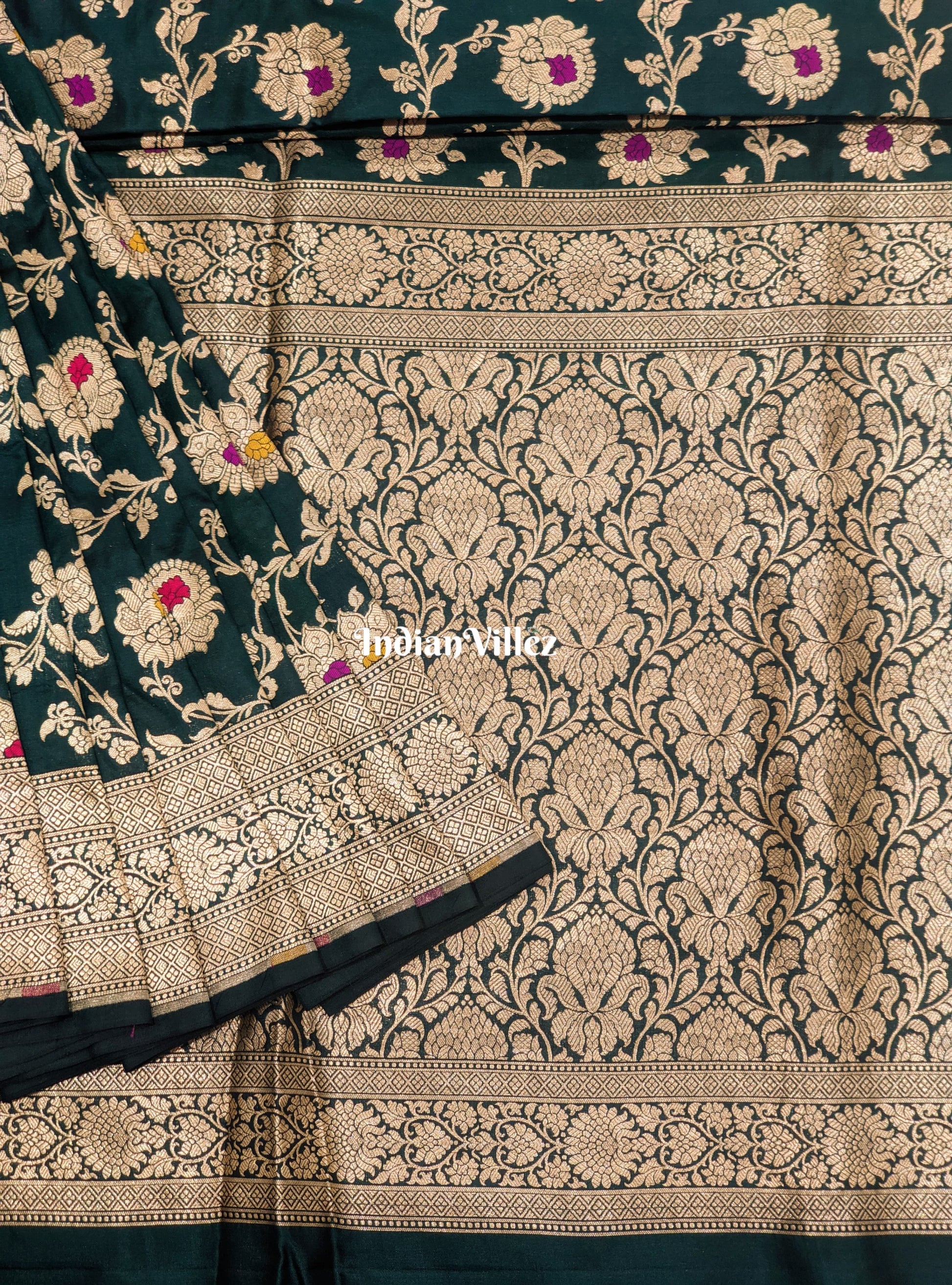 Forest Green Floral Motif Designer Meenakari Banarasi Silk Saree