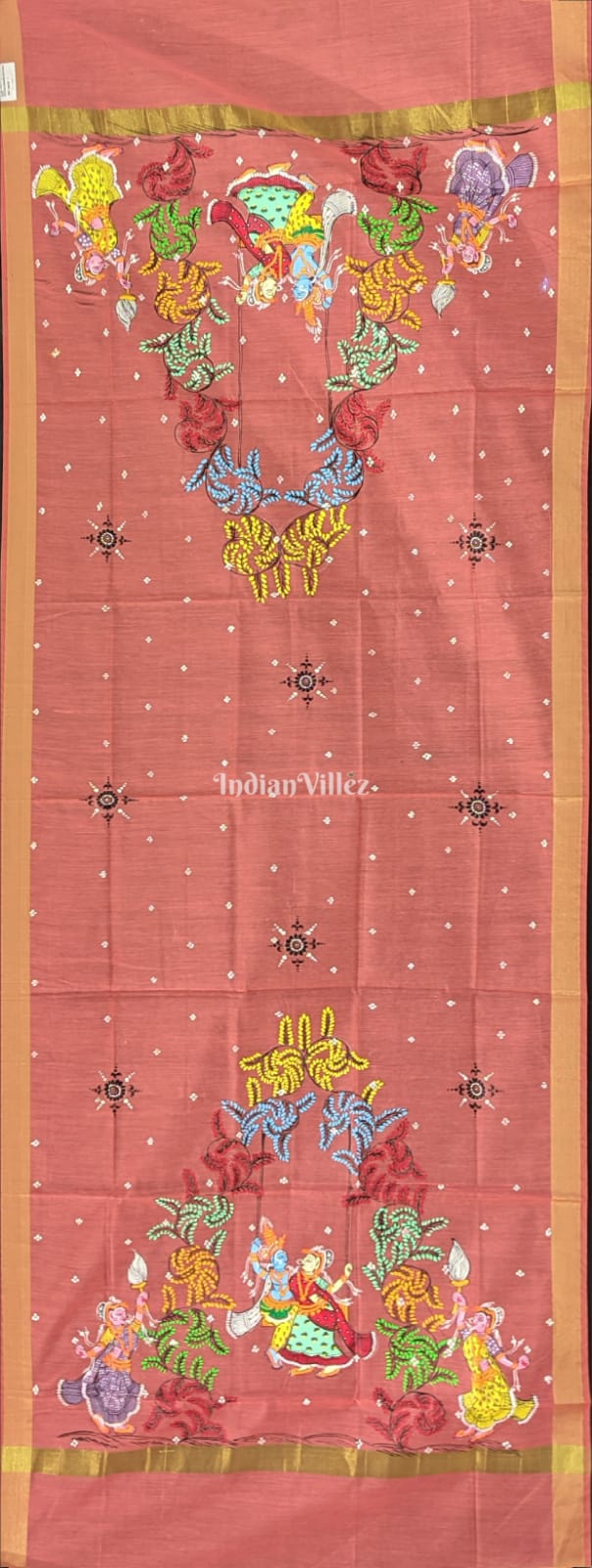 Peach Radha Krishna Pattachitra Art on Chanderi Dupatta