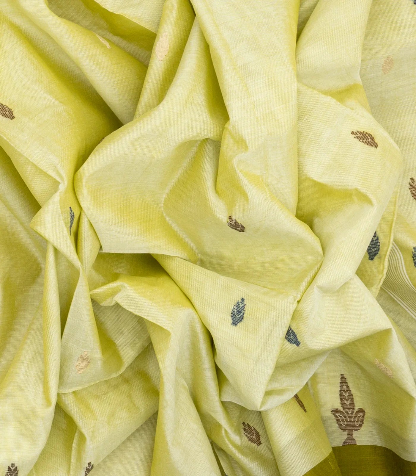 Lime Green Bengal Cotton Saree And Floral Motifs