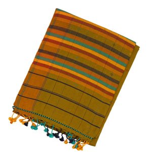 Olive Green Handloom Bengal Cotton Saree With ( Dora ) Stripes in Green, Brown and Red