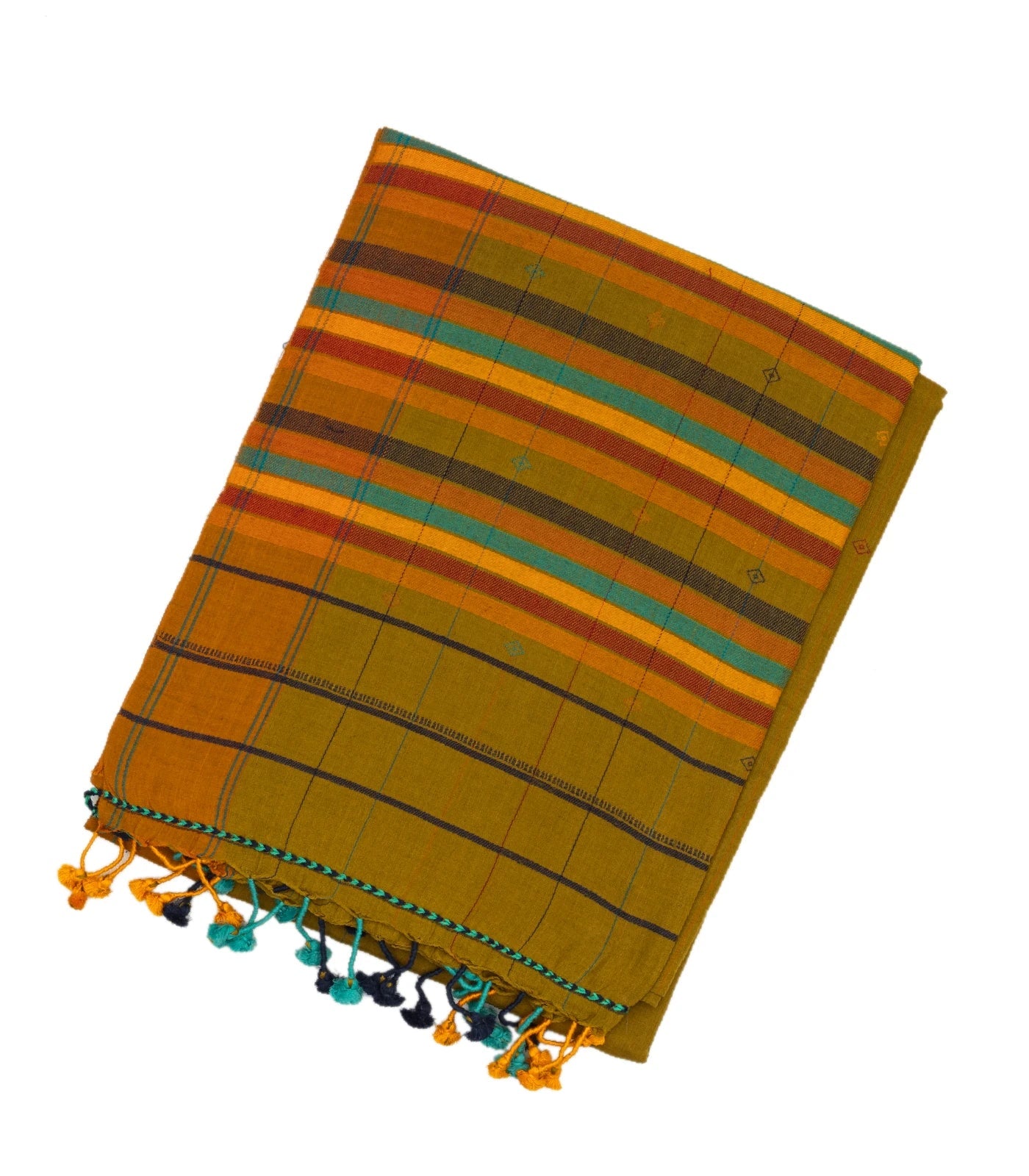 Olive Green Handloom Bengal Cotton Saree With ( Dora ) Stripes in Green, Brown and Red