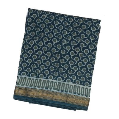 Navy Blue Woven Jaipur Cotton Saree With Printed Floral Motifs