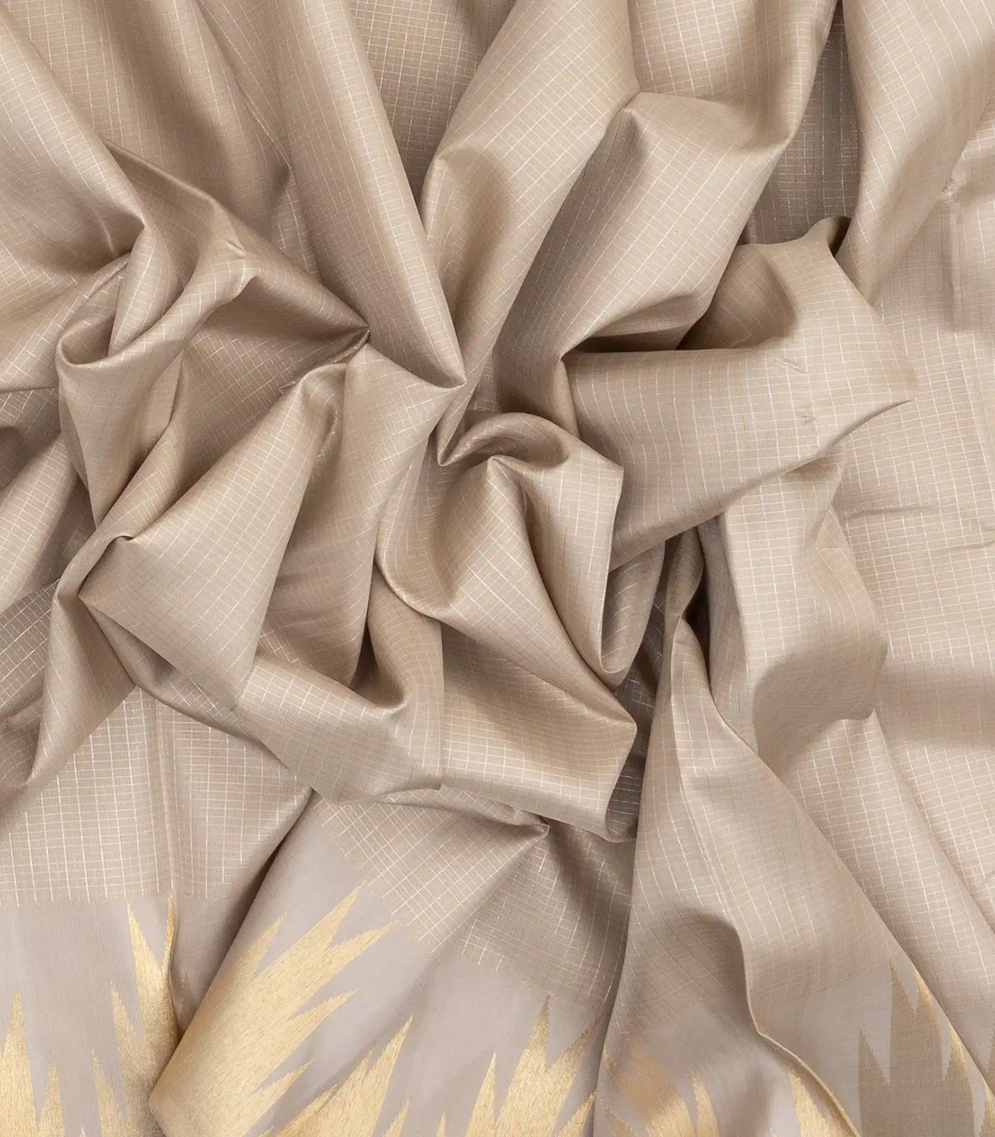 Taupe Handloom Kanchipuram Silk Saree With Zari Checks