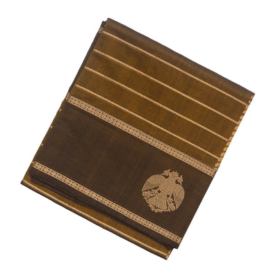 Dark Olive Handloom Silk Cotton Saree With Veldari stripes