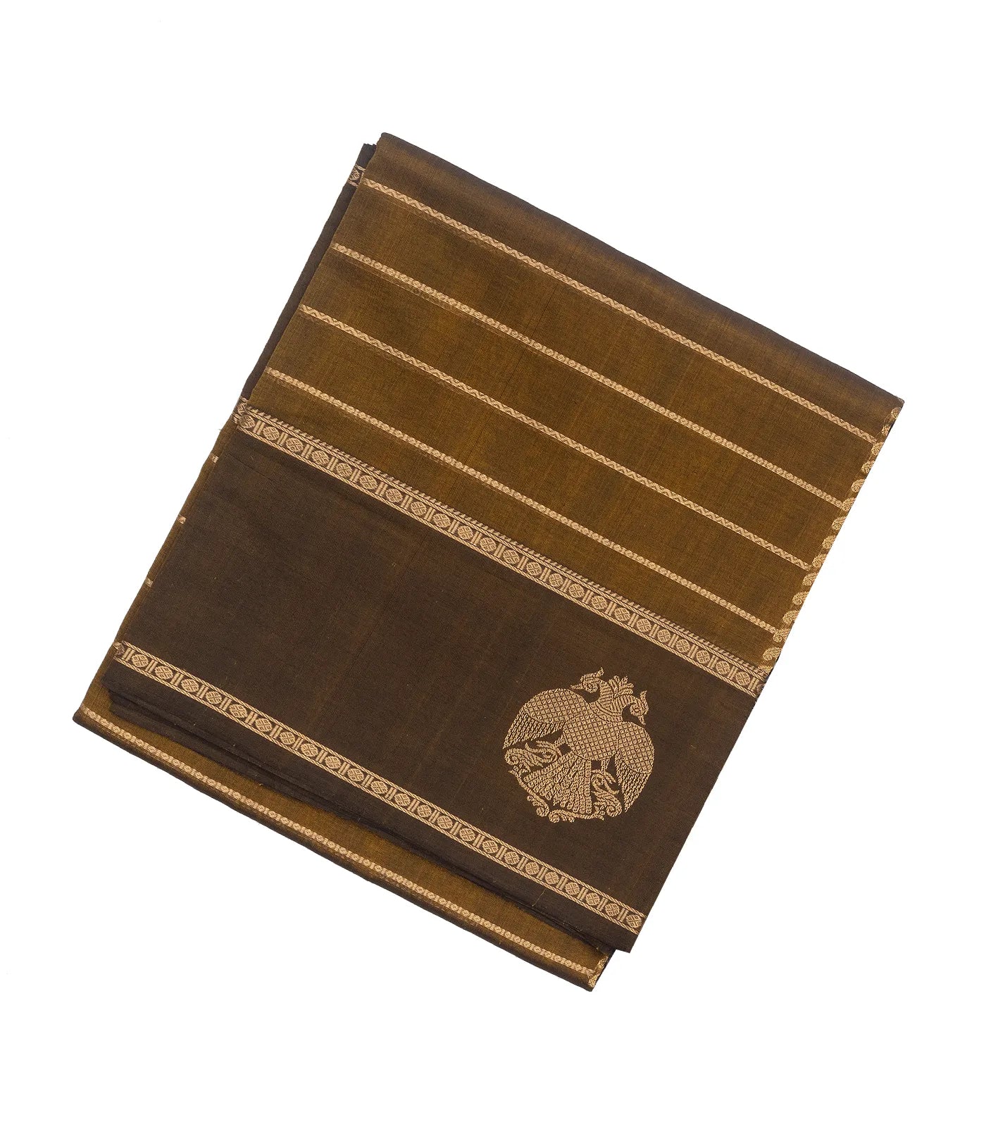 Dark Olive Handloom Silk Cotton Saree With Veldari stripes