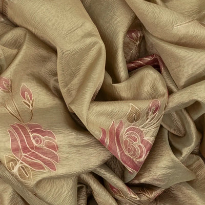 Gold Banarasi Crushed Tissue Saree With Hand painted Floral Motifs