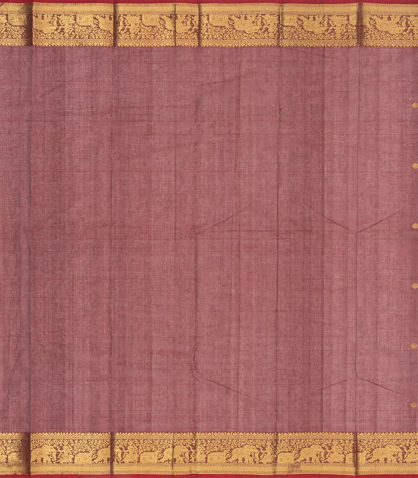 Crimson Handloom Kanchi Cotton Saree With Elephants, House and Lady Motifs in Border