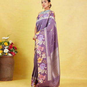 Lilac Handloom Tussar Silk Saree With Printed Border