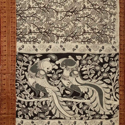 Off White Handloom Kalamkari Cotton Saree With Printed Annam Vine Motifs