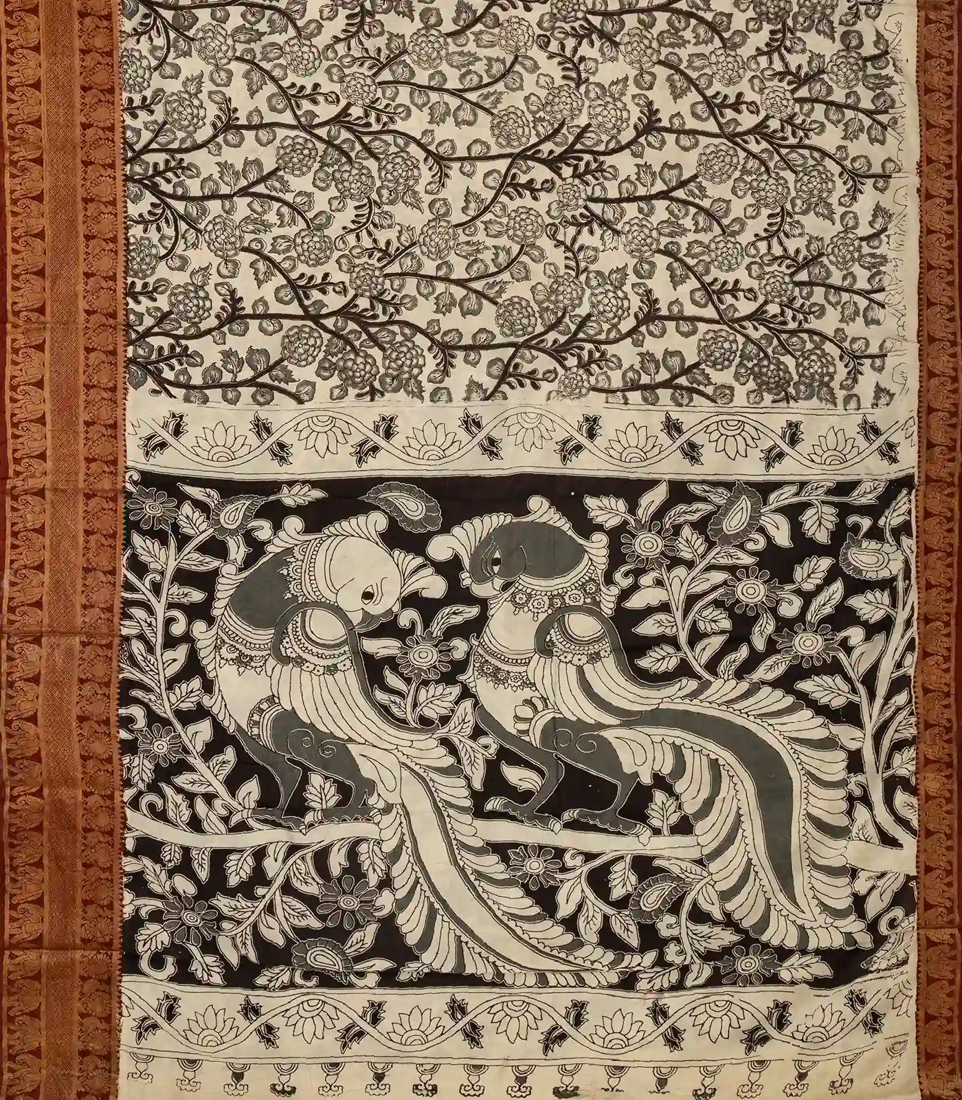 Off White Handloom Kalamkari Cotton Saree With Printed Annam Vine Motifs