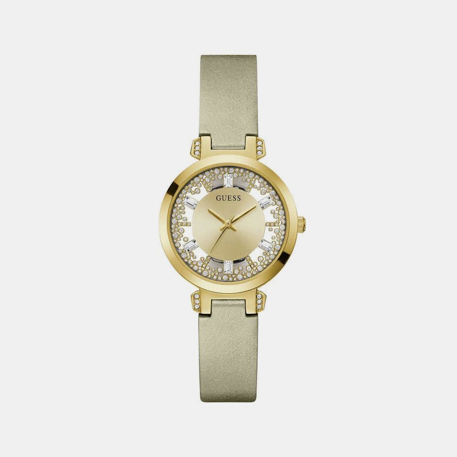 Crystal Clear Women Quartz Champagne Dial Analog Leather Watch GW0535L4