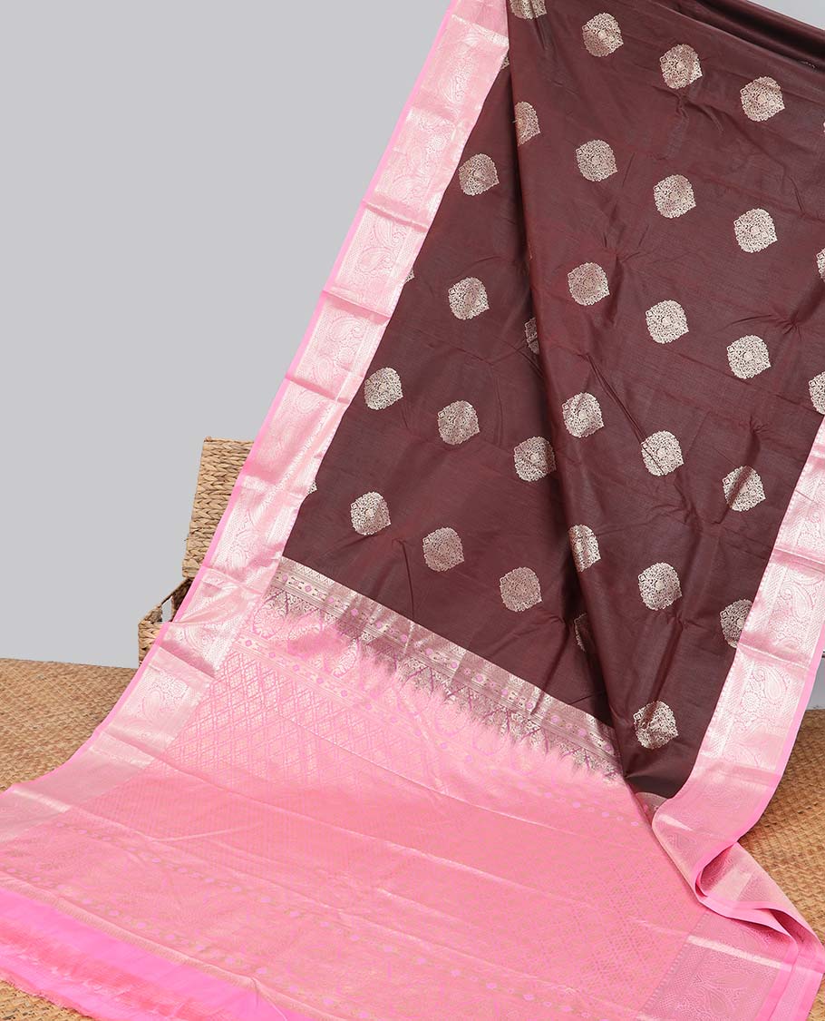 Brown floral motifs gift saree with contrast paisley border & intricate zari design pallu
