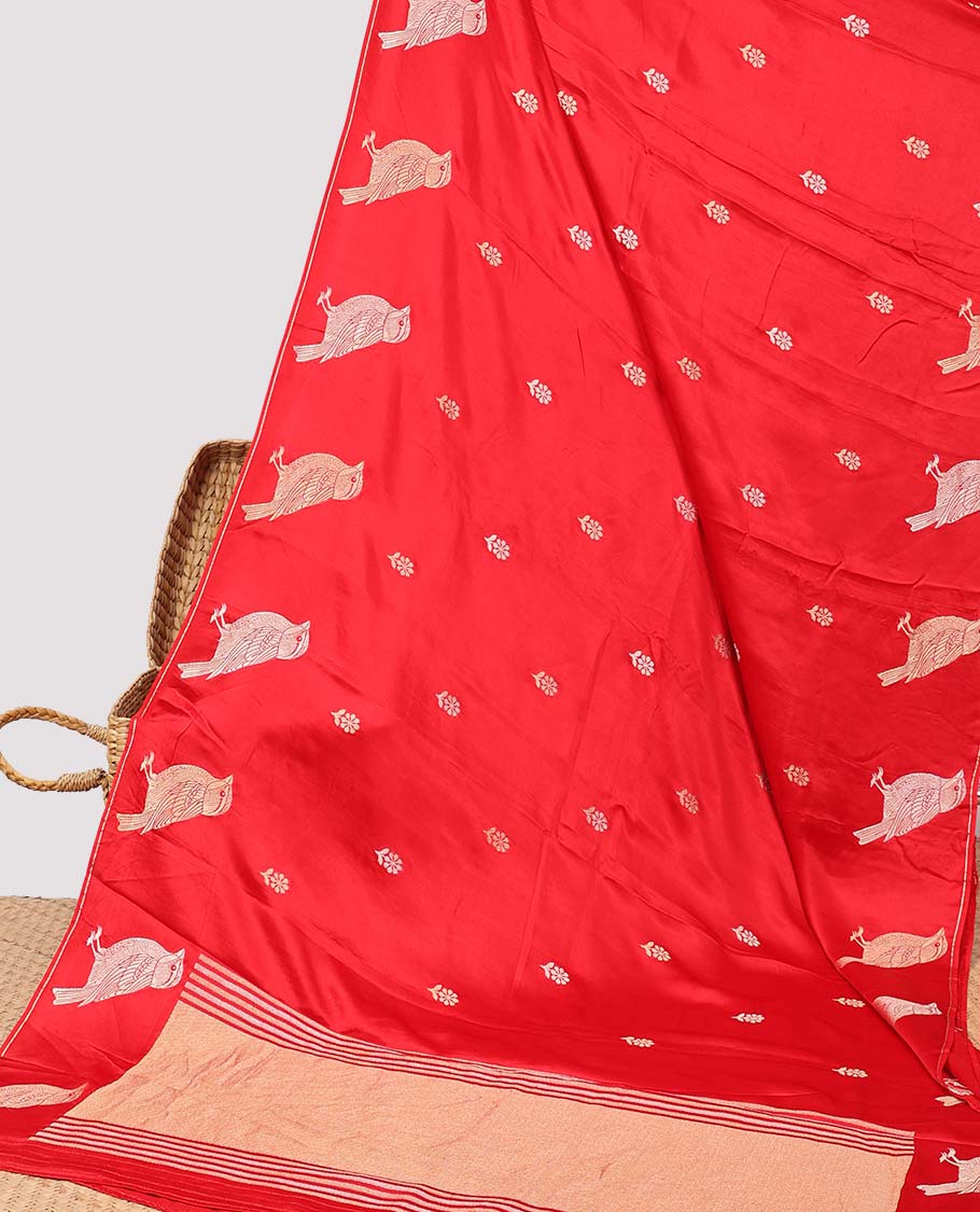Red floral motifs mushru silk saree with self animal motifs border & striped zari pallu