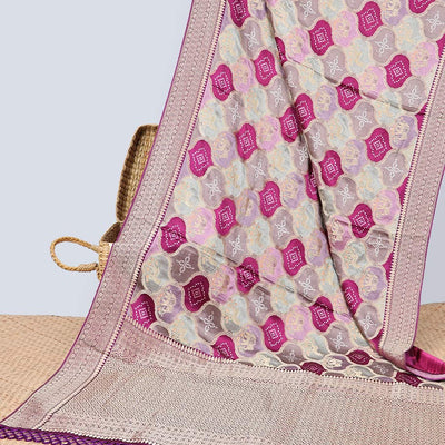 Multi-colored ogee design semi-banaras dola silk saree with contrast intricate zari border & ogee zari design pallu