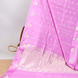 Pink floral buttas raw mango silk saree with self floral border & zari design pallu