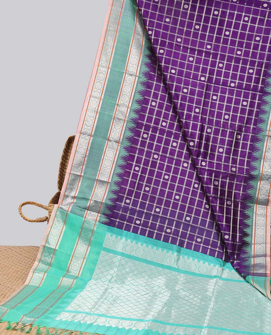 Purple floral motifs enclosed with checked kuppadam cotton saree with contrast zari border & pallu of argyle pattern
