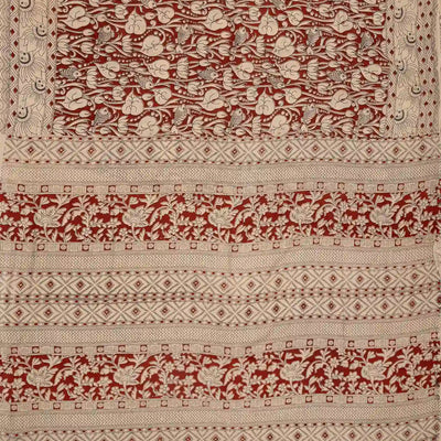 Taupe Cotton Saree With Rust Kalamkari Print