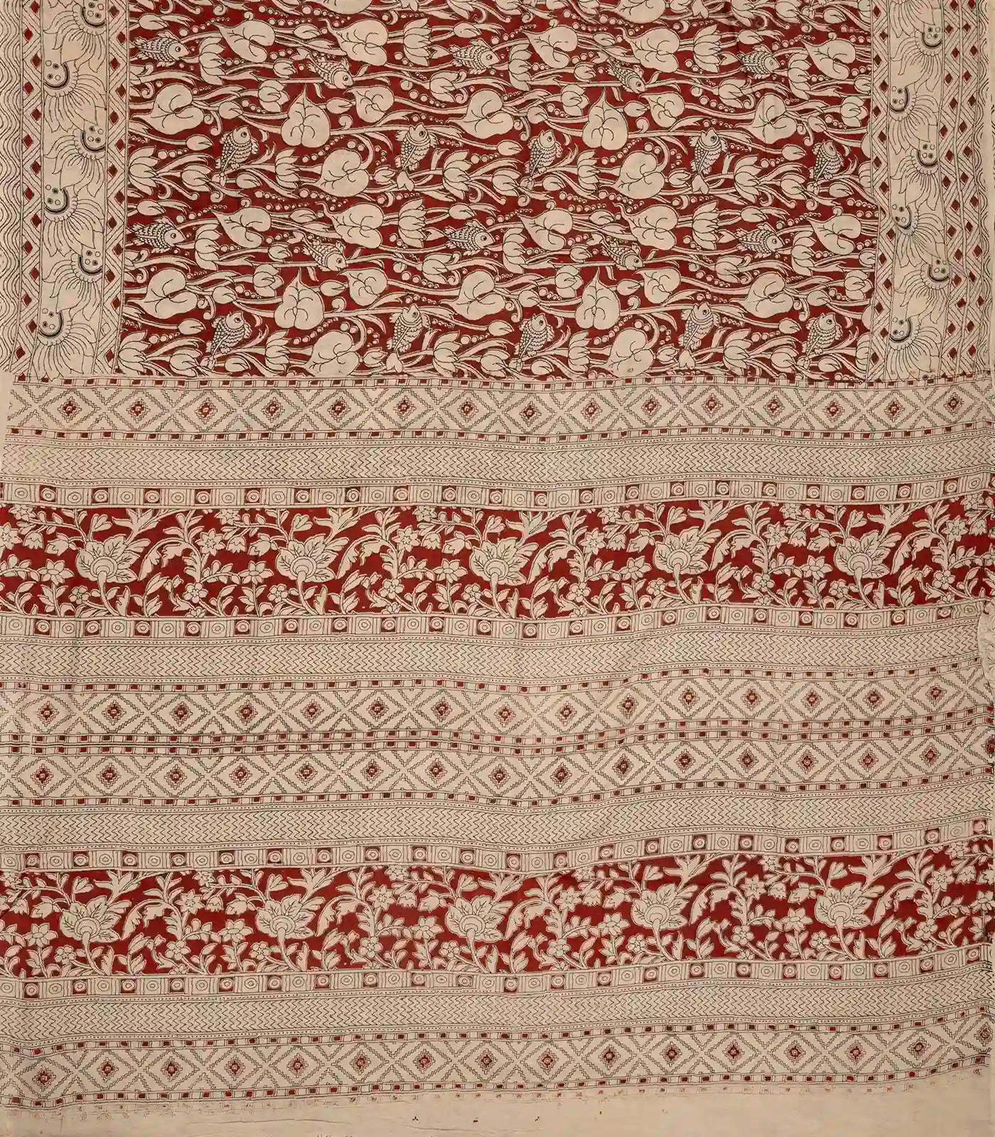 Taupe Cotton Saree With Rust Kalamkari Print