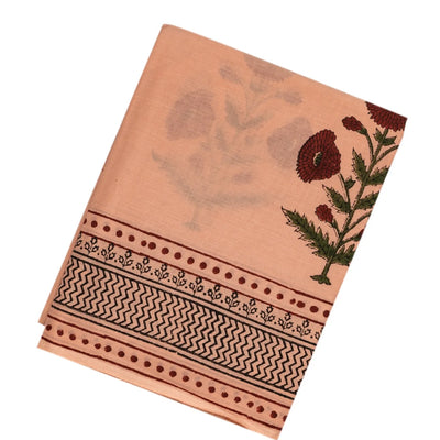 Light Peach Woven Jaipur Cotton Saree Printed With Floral Motifs