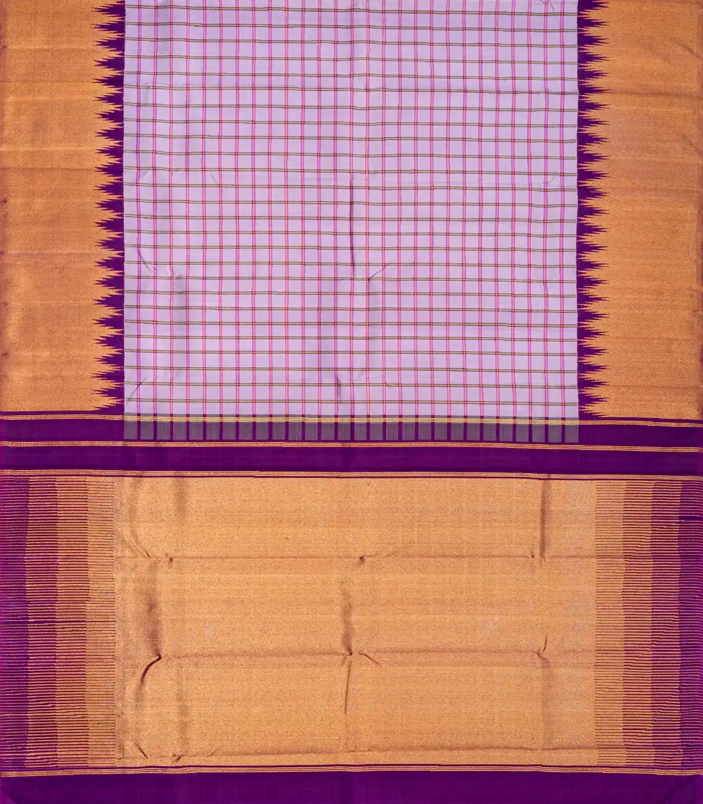 Lavender Handloom Kanchipuram Korvai Silk Saree With Meena Checks