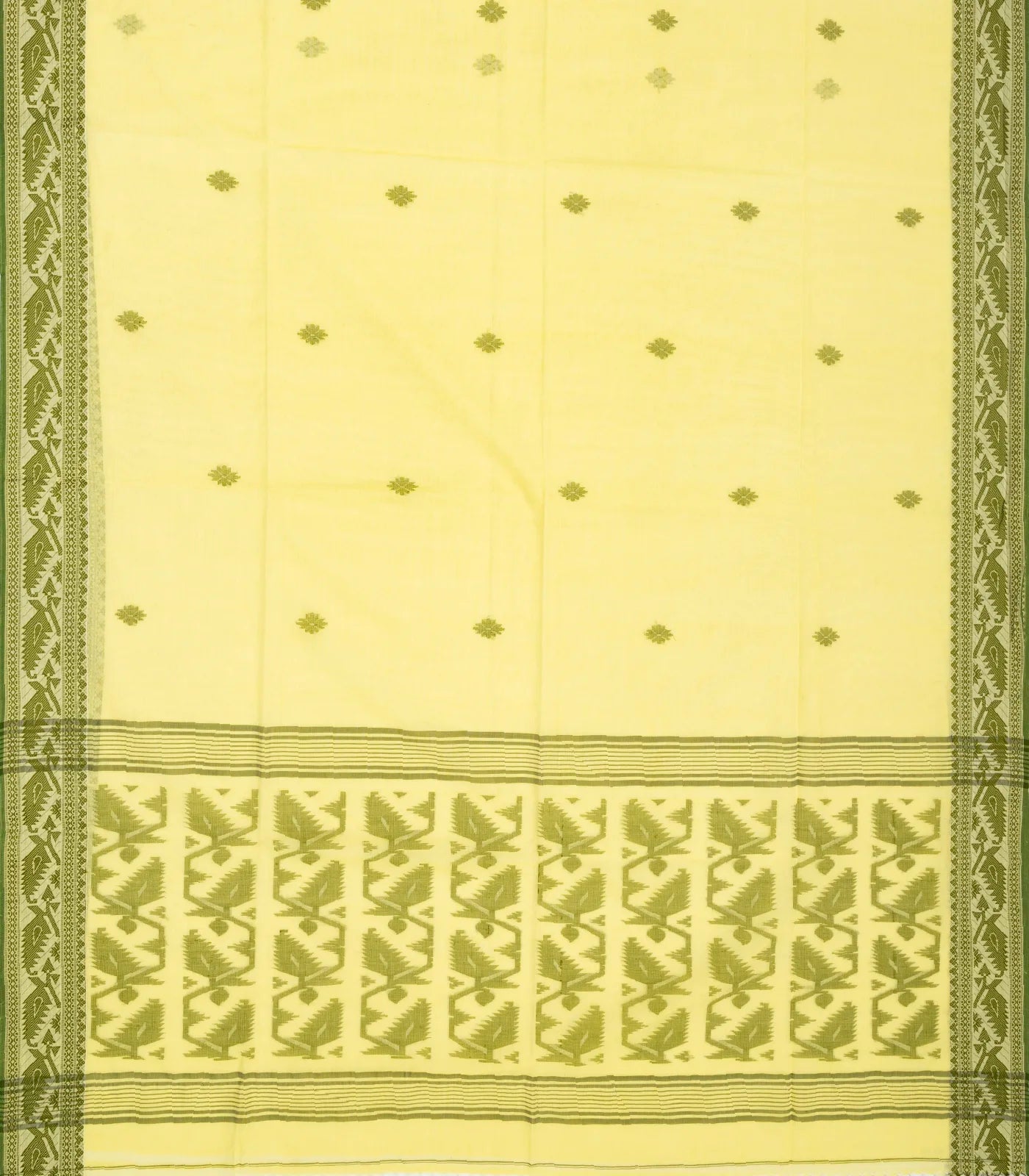 Lemon Yellow Handloom Bengal Cotton Saree With Floral Buttas