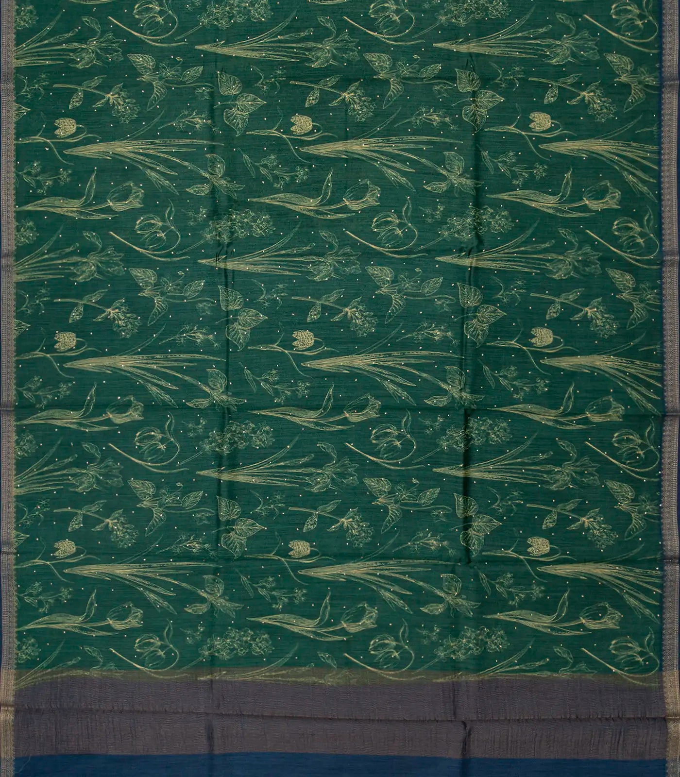 Sea Green Handloom Tussar Silk Saree With Printed Floral Motifs-Sea Green